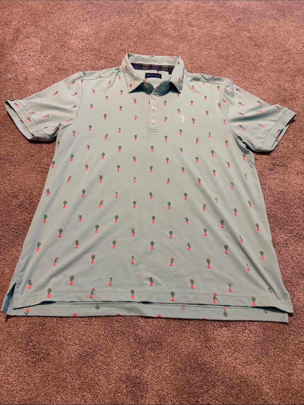 William Murray Men's Light Mint Green Polo Golf Shirt with Pink Cactus Print